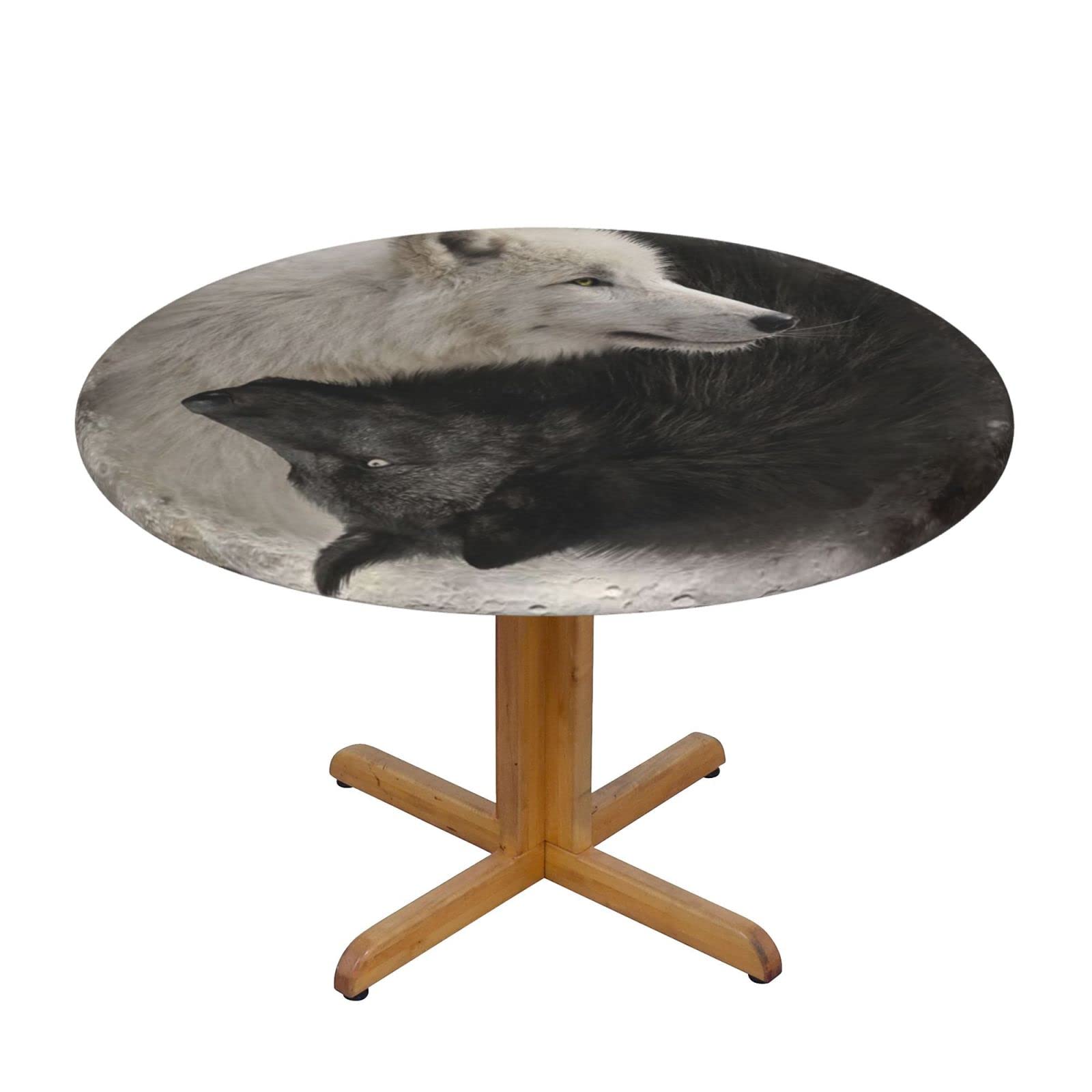 Lsjuee Round Fitted Tablecloth 45-50in Elastic Edged Table Cloth for Kitchen Dining Party Home Decor - Wolf Yin Yang Moon Black White
