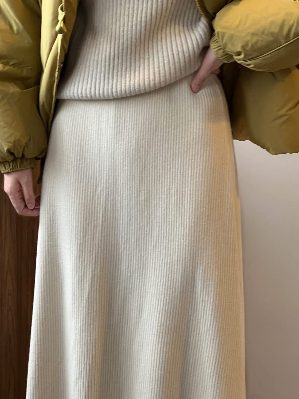 OZEO Rock Damen,Damen-Midirock Beige Retro-Streifen Strickrock Einfarbig High WAIS A-Linie Swing Geraffte Elegante Lange Röcke Für Mädchen Damen Frühling Herbst, Xs