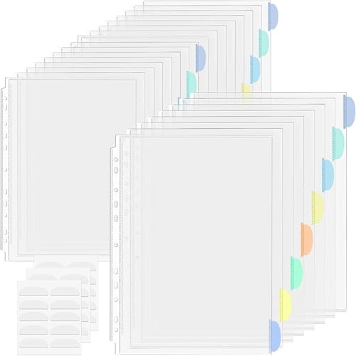 Miniatura 9 de Juego de 5 40 fundas de plástico A4, divisores de bolsillo para carpetas de 234 anillos con 8 pestañas, protectores de hojas de plástico