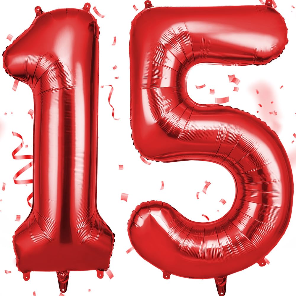 OFFCUP Luftballon Zahlen 15, Rot 15 Geburtstag Zahlen Ballon 101cm Groß Folienballon 40 Zoll Helium Ballons zum Mädchen Junge Geburtstag Party Deko Abschluss Jubiläums（15, Rot）