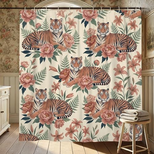 Tiger-Duschvorhang, tropische botanische Pfingstrosen, Lilien, Sommer, Orange, waschbar, mit Haken-Design, Badvorhänge für Zuhause, Badezimmer, WC, Hotel, Dekoration, 183 x 183 cm