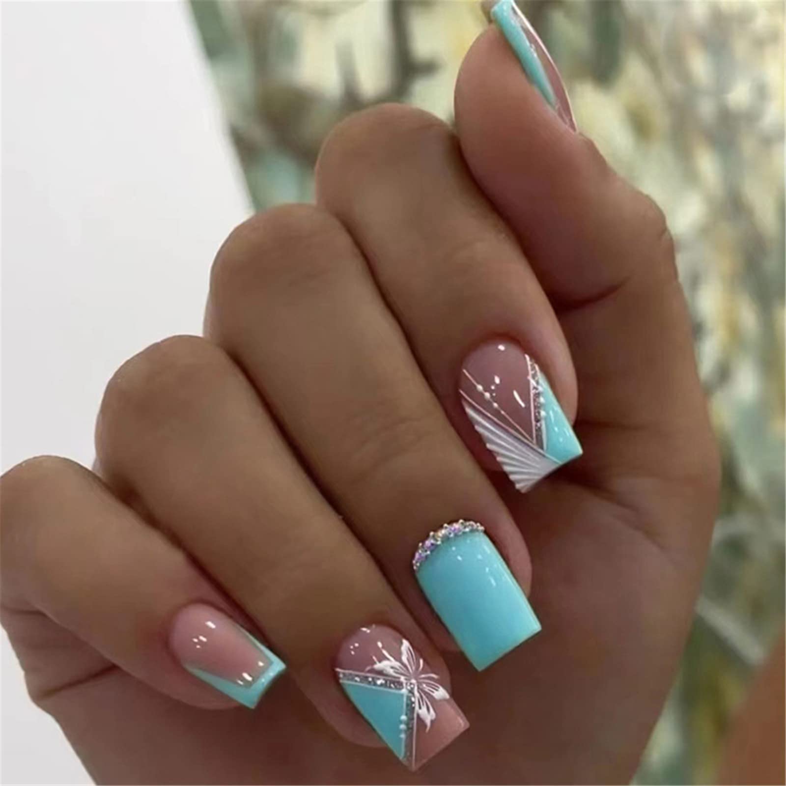 VOTACOS Press on Nails Short Square Fake Nails Nude False Nails with Peacock Blue French Tip Design Glossy Stick on Nails for Women 644