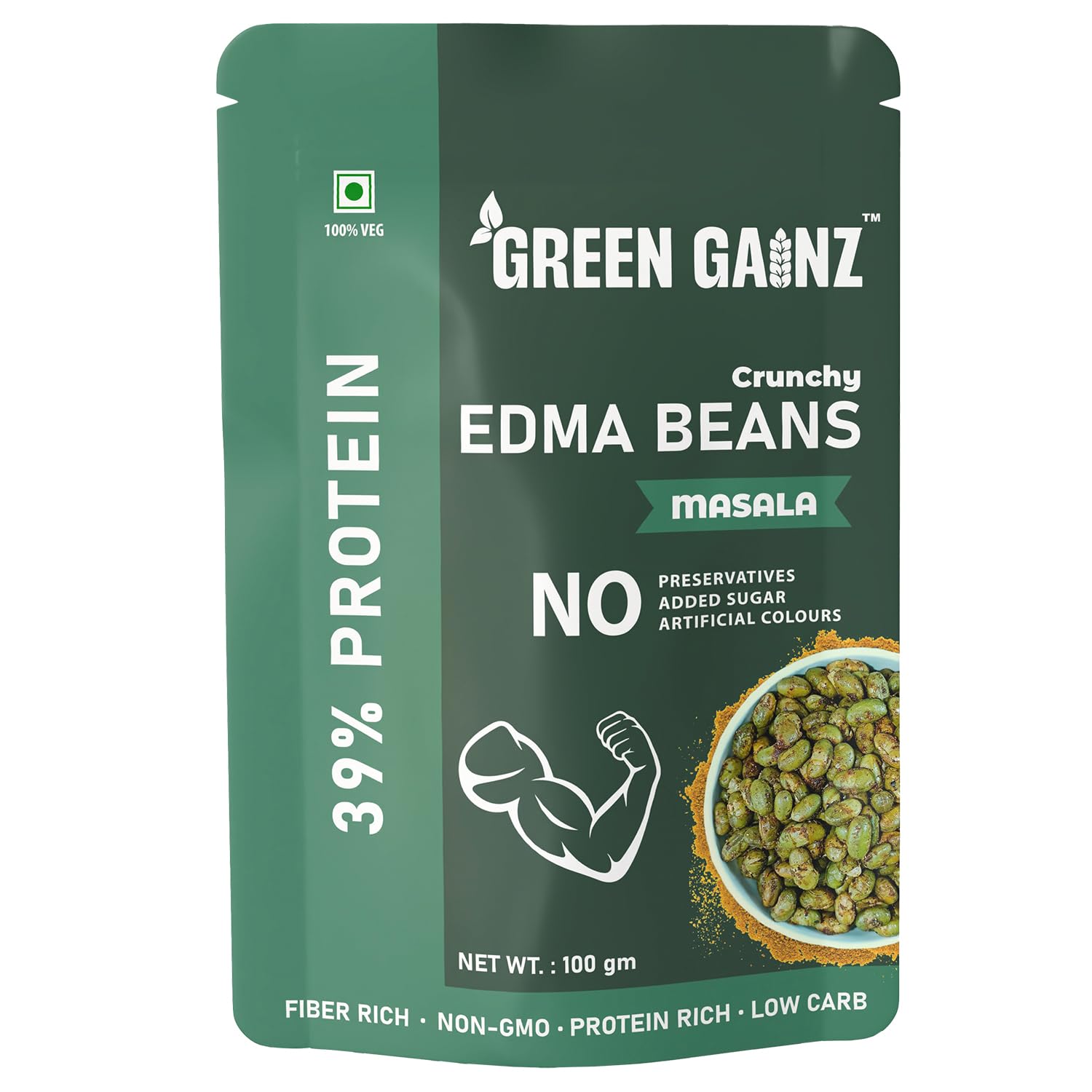 Green Gainz Roasted Edamame Masala Flavour 100gm | 100% Veg High Protein Snack | No Added Sugar | Non-GMO | Rich in Fiber | No Gluten