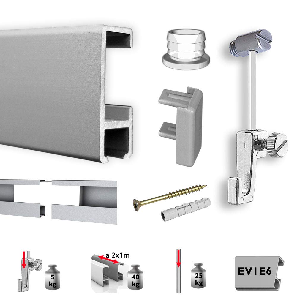 Set complet Cimaise à rail pour tableaux, photos avec accessoires 2 m Argenté mat