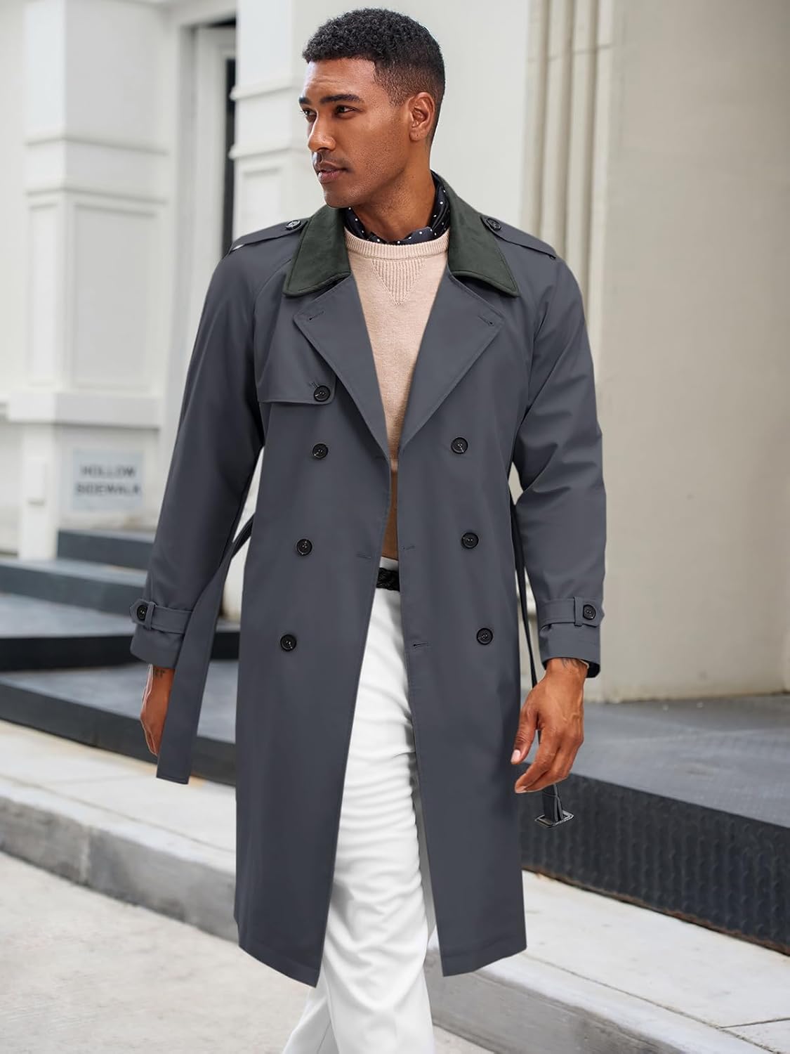 Runcati Mens Trench Coat Double Breasted Notched Lapel Long Jacket Fall Casual Classic Overcoat with Belt - Image 2