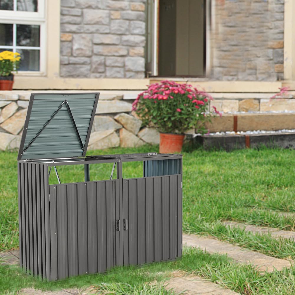 outdoor metal garbage bin shed for 2 trash cans, galvanized steel weatherproof storage enclosure for garden, yard & lawn - grey