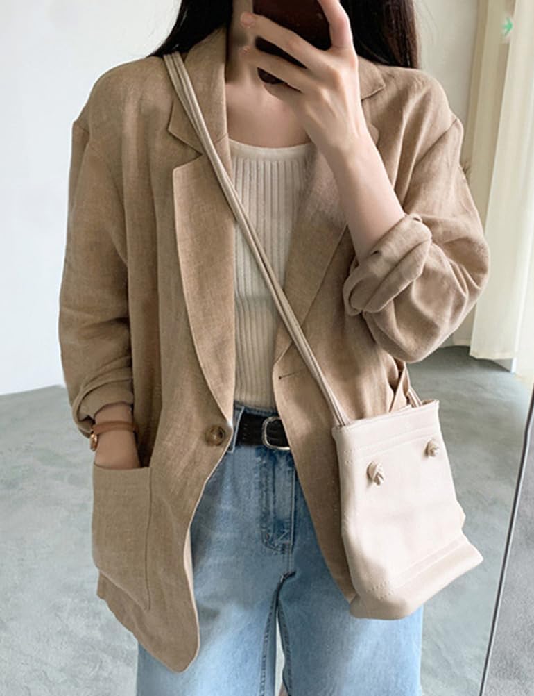 IDEALSANXUN Blazer da donna in lino, casual, a maniche lunghe, leggero, per primavera/estate