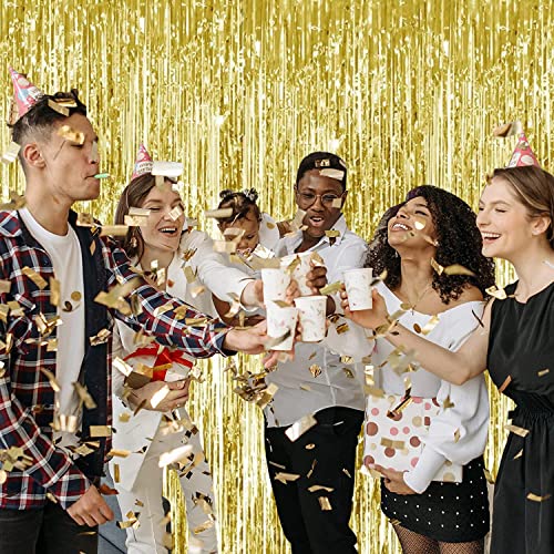 Image of TONIFUL 2Pcs Gold Metallic Tinsel Foil Fringe Curtains,Gold Photo Booth Backdrop Streamer Curtain Photo Booth Props for Bachelorette Party,Birthday,Graduation,Christmas Decor(6.6ft x 9.9ft)