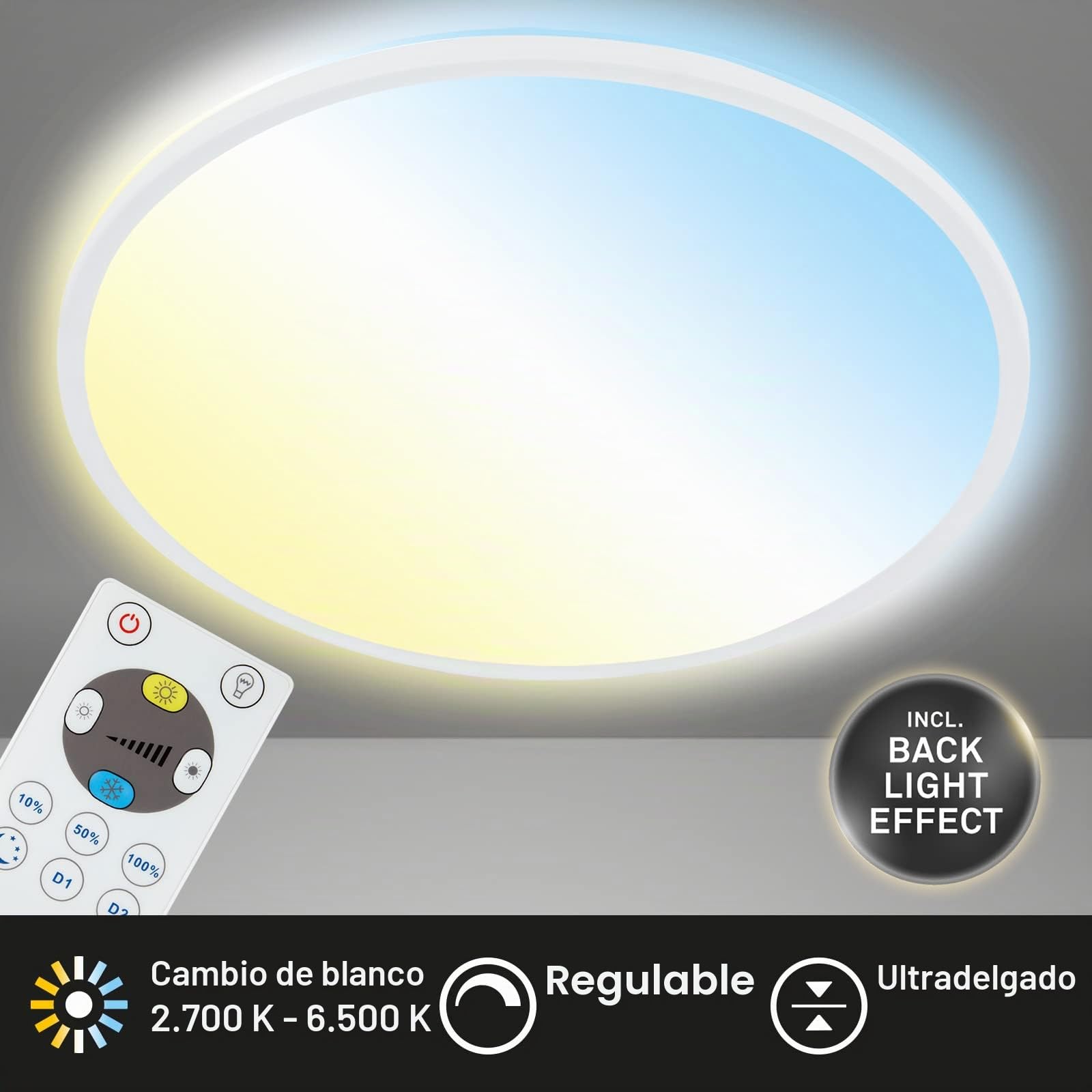 BRILONER- Lámpara de techo LED CCT, lámpara de techo LED retroiluminada, ultraplana, regulable, control remoto, 22W, 3000 lúm, Ø42 cm, blanco cálido, blanco neutro, blanco frío, color blanco
