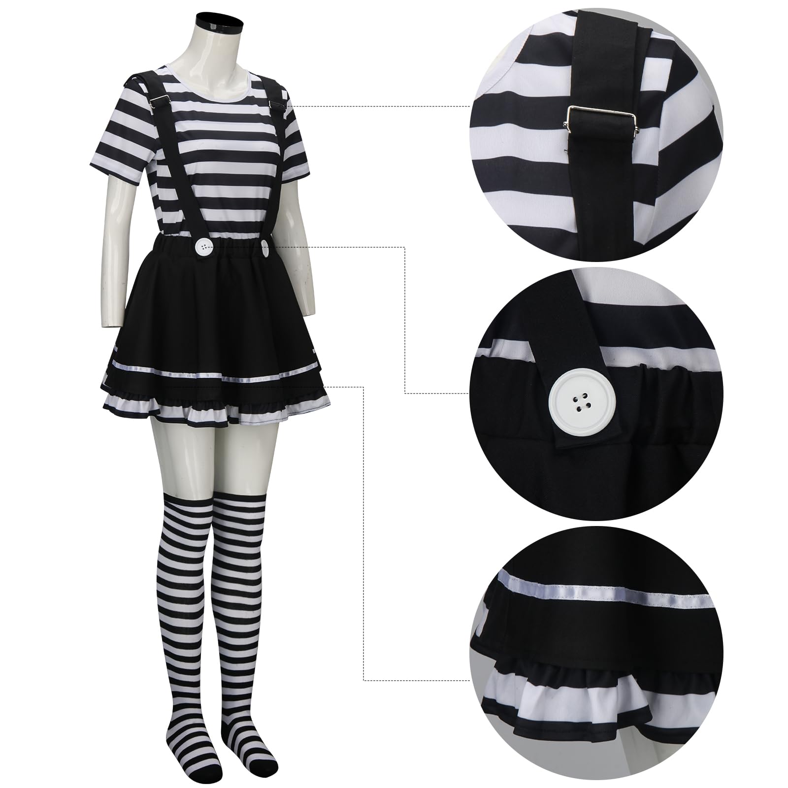 NUWIND Damen Pantomime Kostüm Französisch Klassisch Mime Spiel Set, schwarz-weiß gestreiftes Oberteil Rock Barett Strümpfe Handschuhe Künstler Zirkus Clown Karneval Halloween
