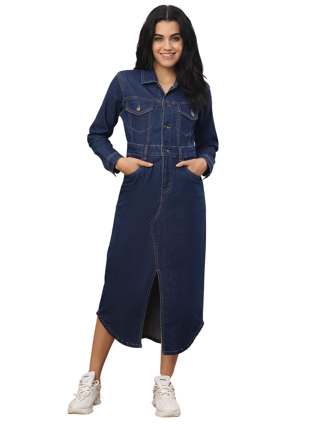 puella Women's Dark Blue Denim Shirt Dress with Front Slit & Belt-picture-44