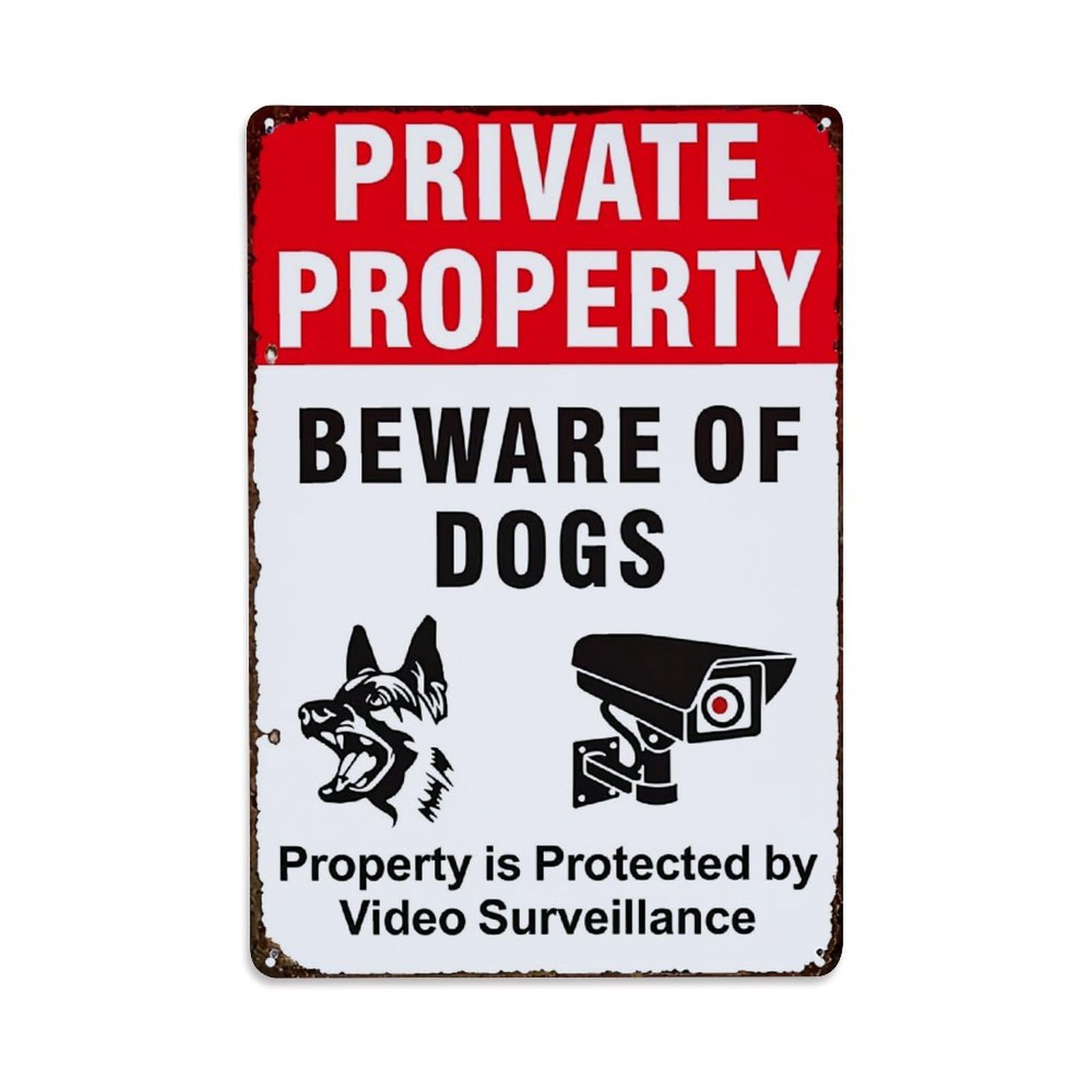 Jdfenggu Vintage Private Property Beware Dogs Surveillance Retro Metal Tin Sign, Decor Art Poster For Bar, Home, Man Cave, Kitchen, Laundry Room Gift 8X12inch