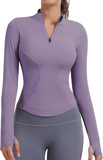 JoyGirl Long Sleeve Workout Tops for Women Running Jacket Cropped Athletic Shirts Slim Fit Yoga Top with Thumb Holes