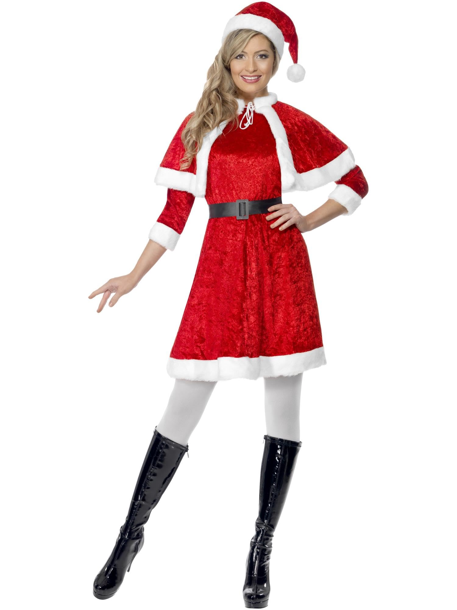 Smiffys Miss Santa Costume, Red with Dress, Cape, Hat & Belt, Christmas Adult Fancy Dress, Santa Dress Up Costumes