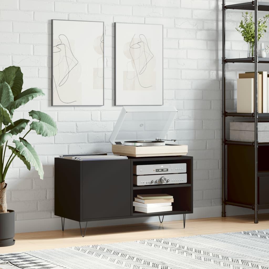 Tomostar Support pour Tourne-Disque, Porte-disques Présentoir Meuble de Rangement pour Disques Vinyles Noir 85x38x48 cm Bois d'ingénierie