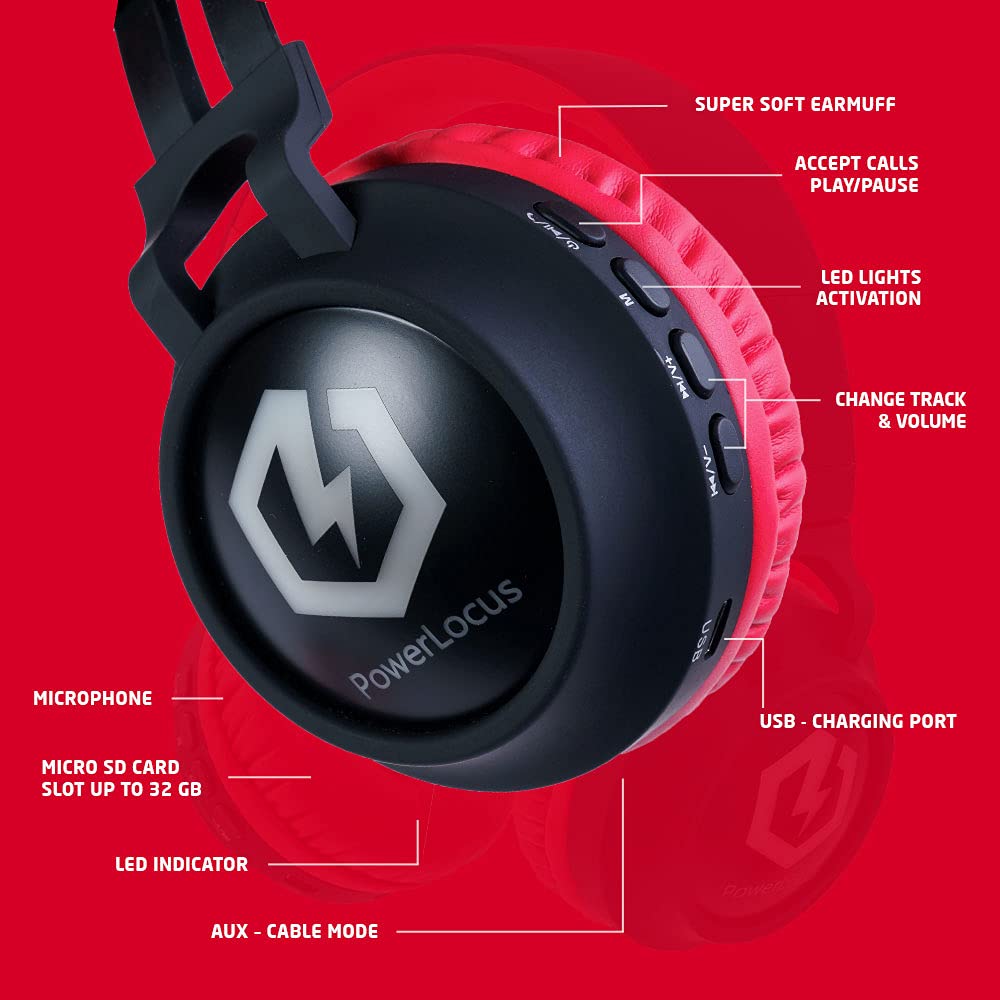 PowerLocus Bezprzewodowe słuchawki Bluetooth dla dzieci, światła LED, bezpieczne ograniczenie głośności 85 dB, składane, tryb micro SD, wbudowany mikrofon liniowy do telefonów, tabletów, laptopów