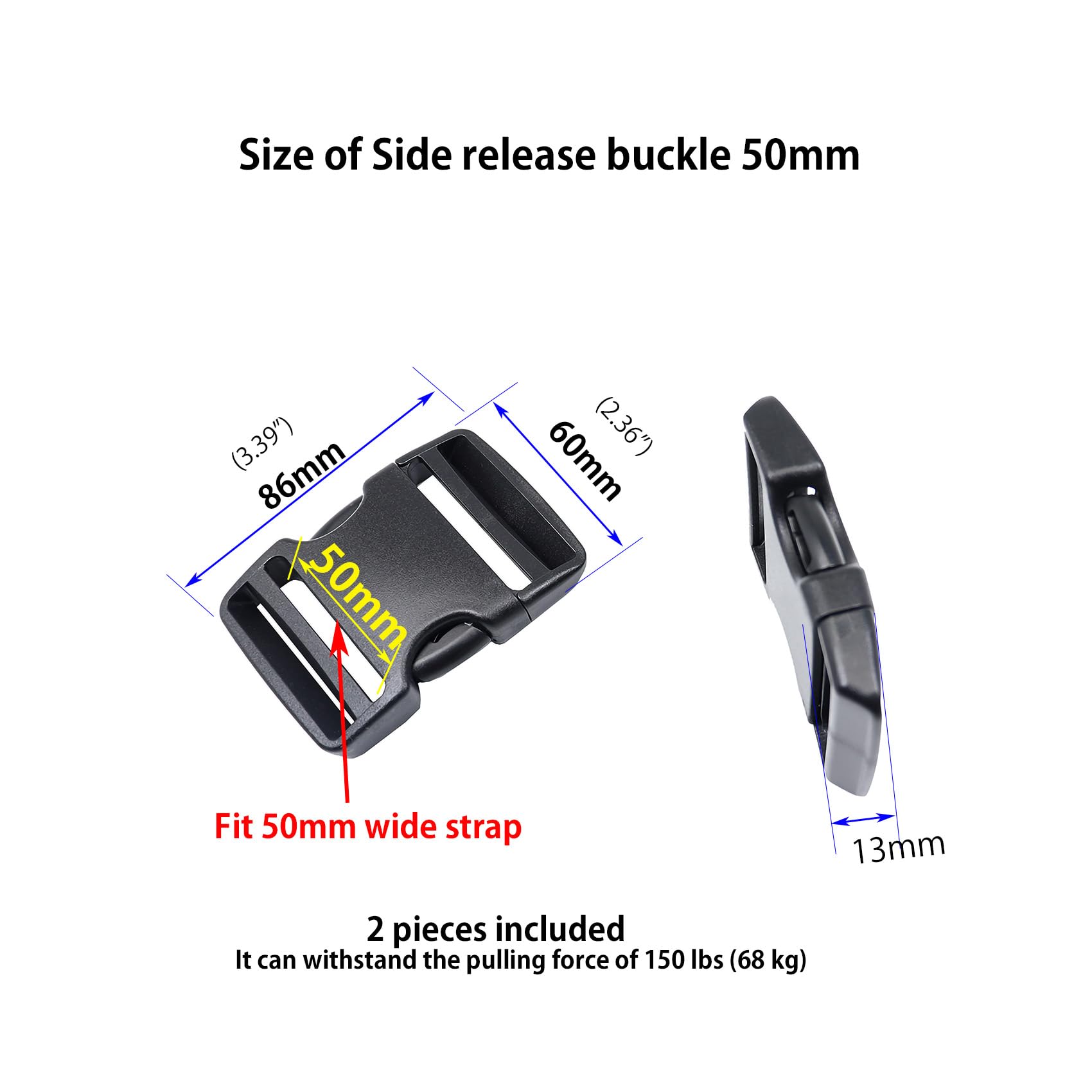 Ahijklmn Plastic Side Release Buckle clips + Tri Glide Slides Heavy Duty Plastic Strap Replacement Buckle Clips Snap Sliders for Backpack (50mm - Image 4