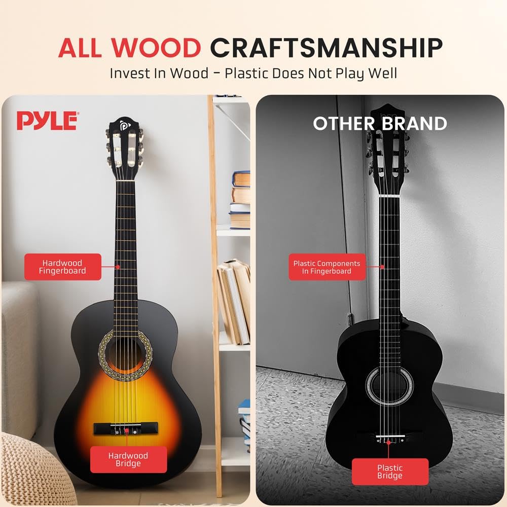 Pyle Guitarra acústica de tamaño medio junior – Set de guitarra de concierto para principiantes niños a partir de 6 años, forma de gota de sol, mate, incluye funda de correa, púas, cuerdas, paño de