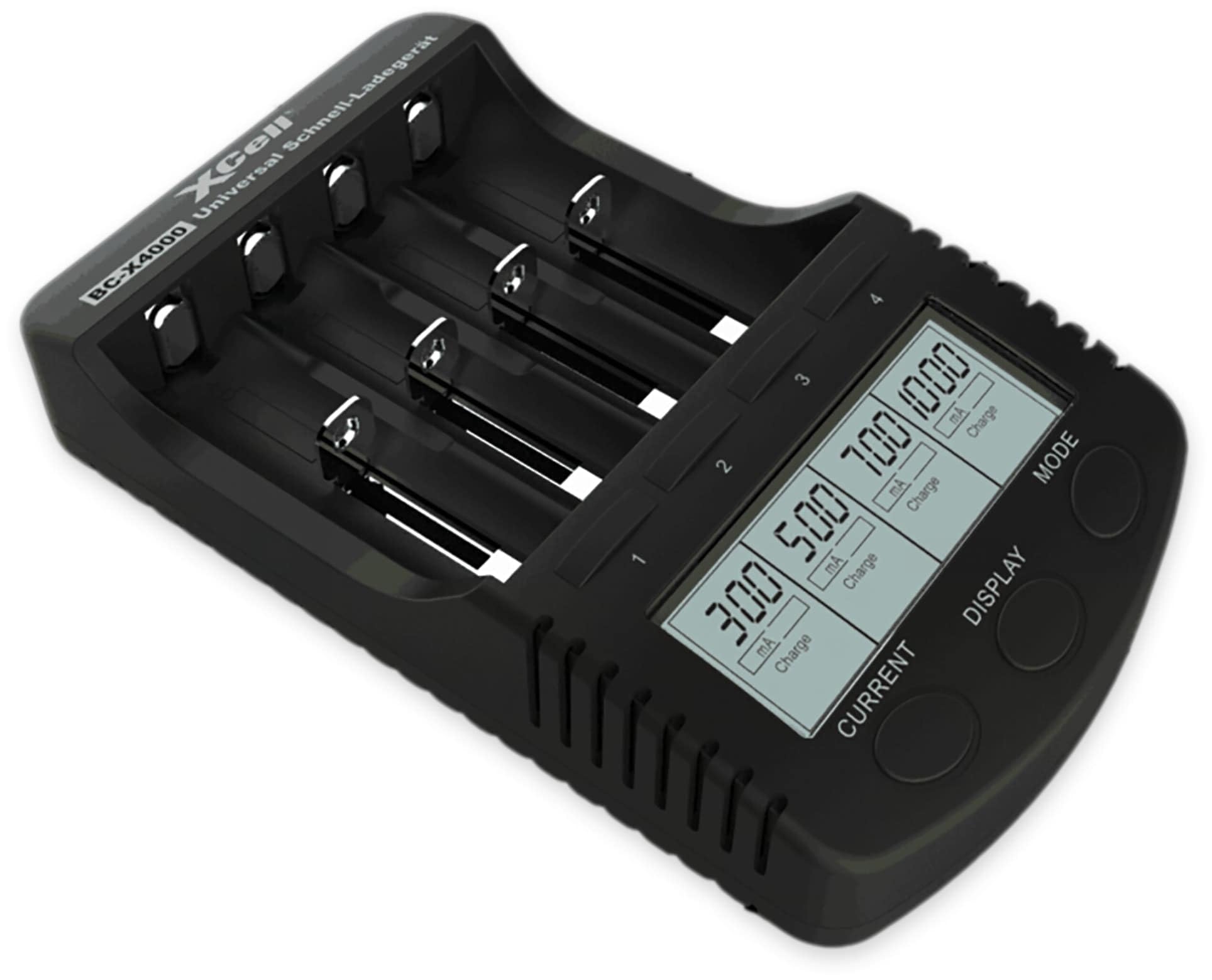 XCell Cargador rápido BC-X4000 con Pantalla LCD (Largo x Ancho x Alto 157 x 92 x 33 mm, Fuente de alimentación 100-240 V, 300/500/700/1000 mA, no Equipada, Compatible con NI-MH/NI-CD/Li-Ion) 141863