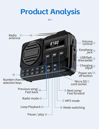 Miniatura 3 de Radio FM portátil, altavoz inalámbrico, reproductor de música, radio recargable integrada a batería, radios de transistor nostálgico con conector
