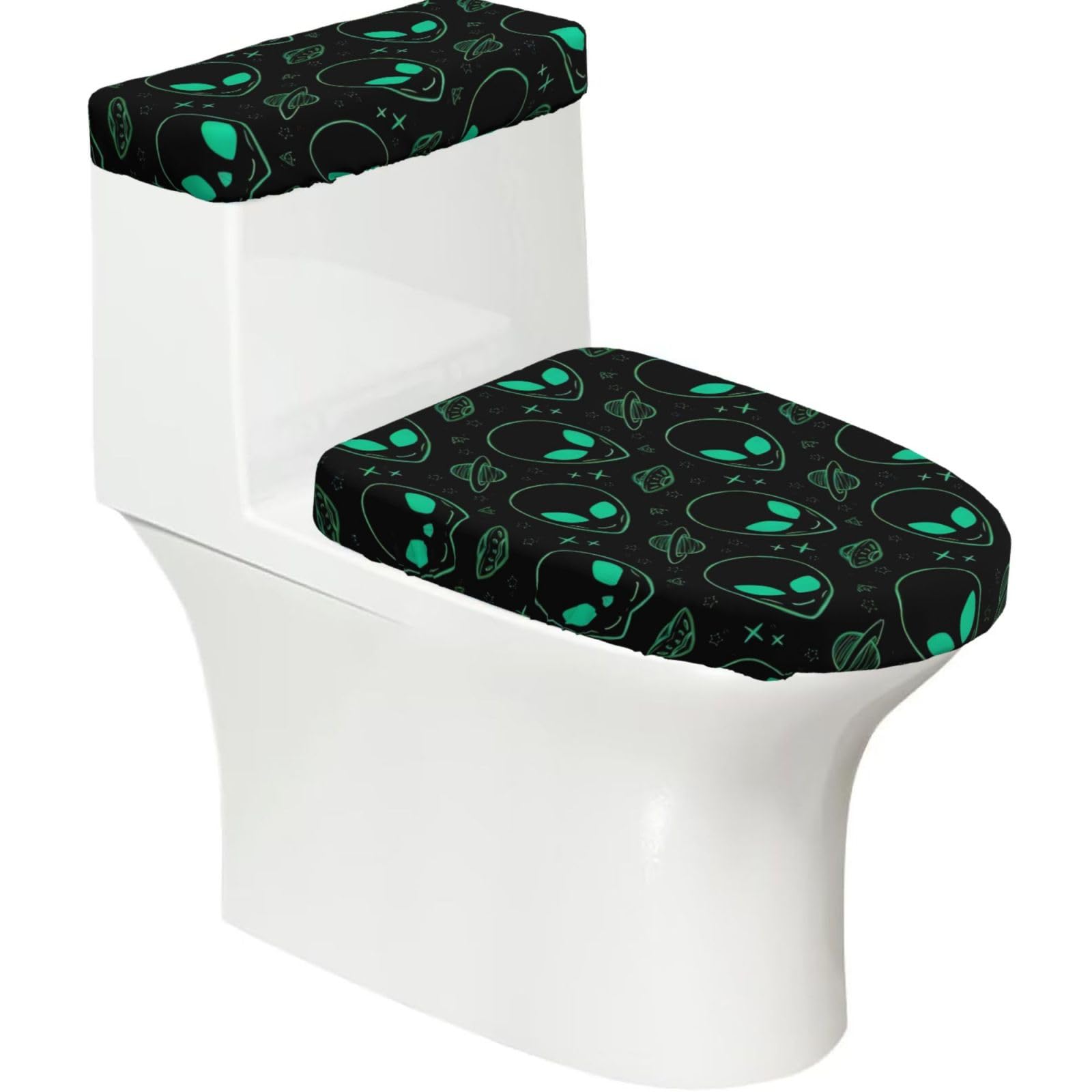 Aliens 2-Piece Toilet Seat Cover Set with Tank Lid - Elastic for U-Shape & Elongated - Bathroom Decor