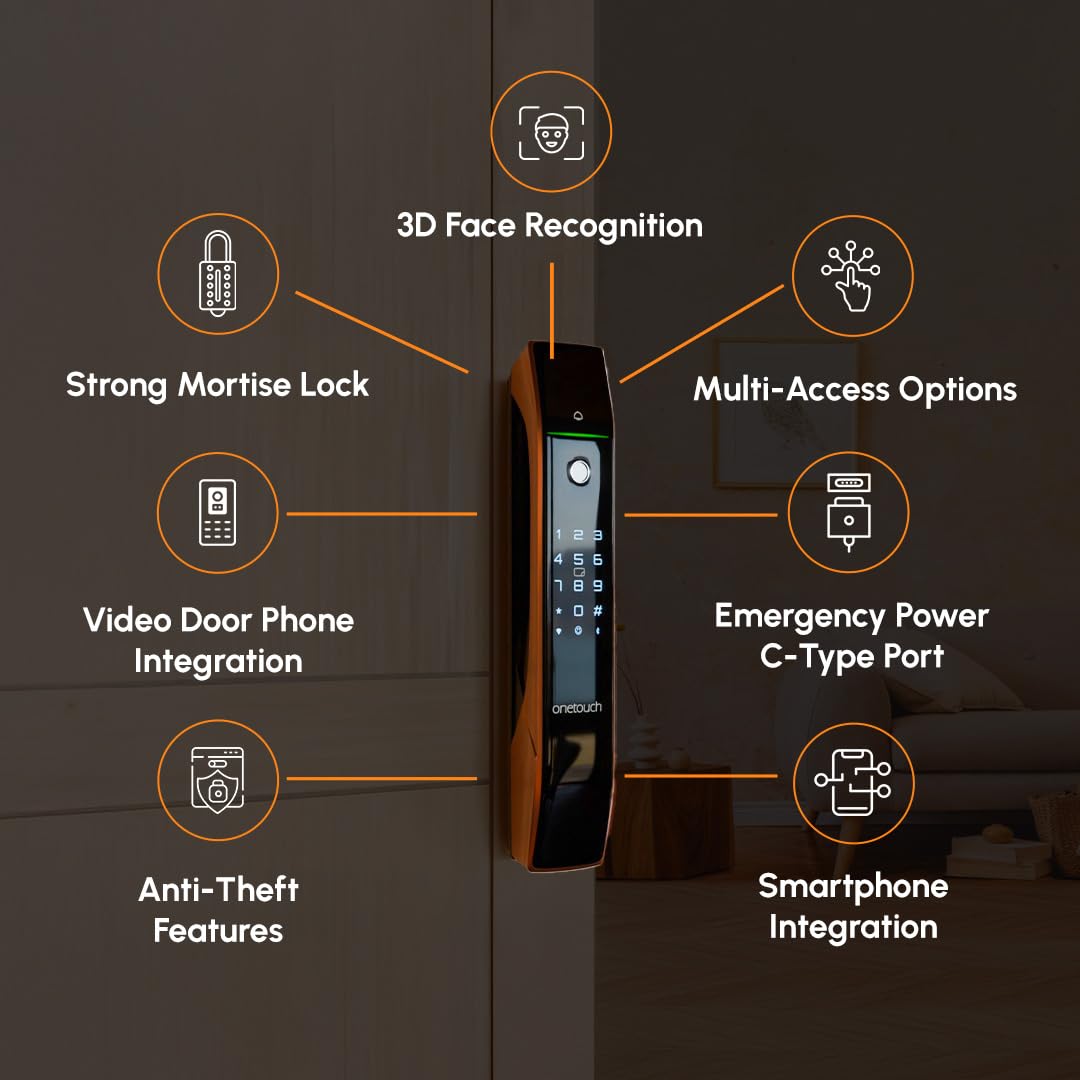 ONETOUCH Smart Face Recognition Digital Door Lock OT630 (BLE) | Fingerprint | RFID | PIN | OTP | Bluetooth Bridge | Free Installation | Mortise SS304 | Electroplated Finish, Black 1