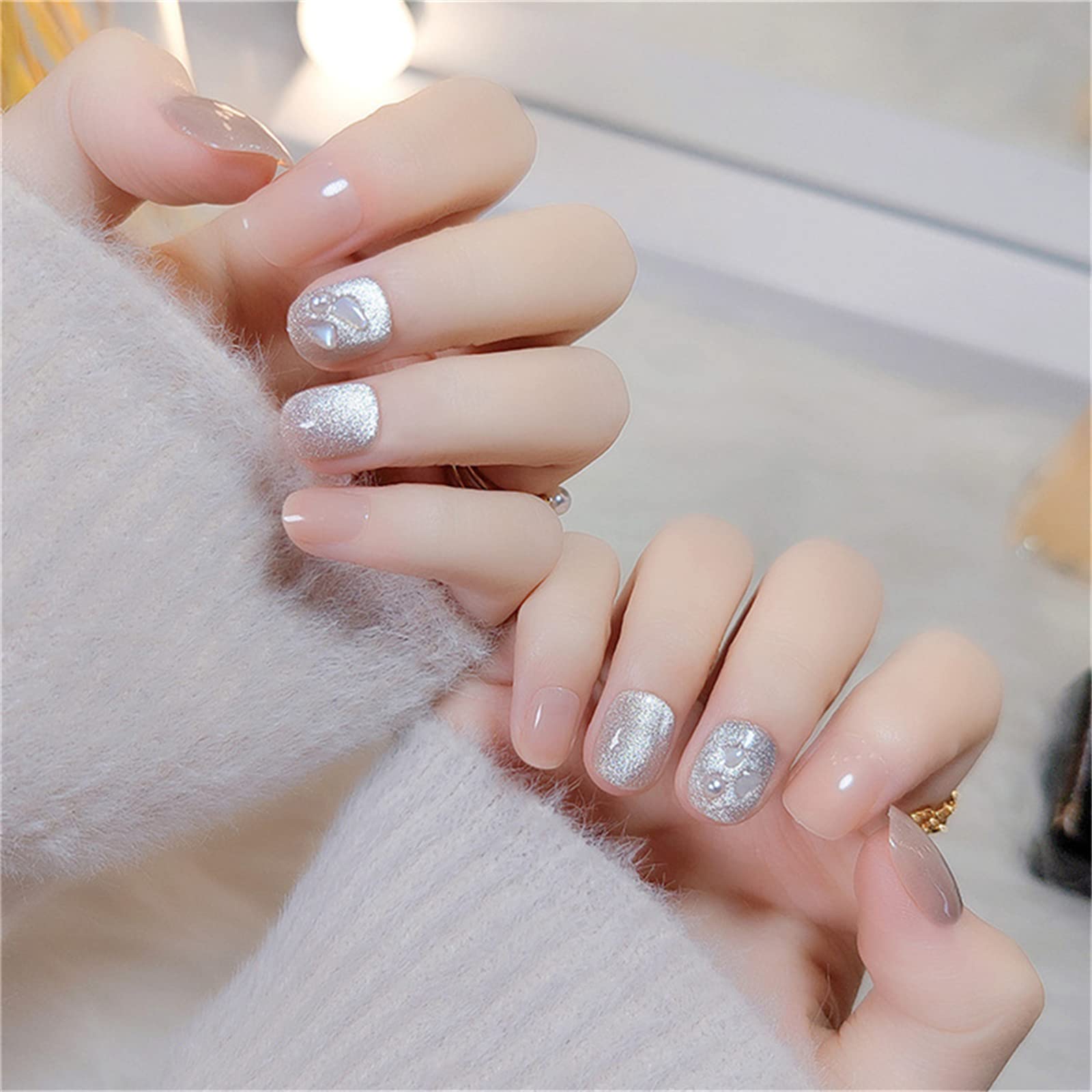 Unghie Finte Quadrate Corte Copertura Completa Colla Inclusa Glitter Staccabili Occhi di Gatto Stampa sulle Unghie 24 Pezzi Suggerimenti per Unghie con Dita per Saloni di Bellezza e Donne Nail Art f