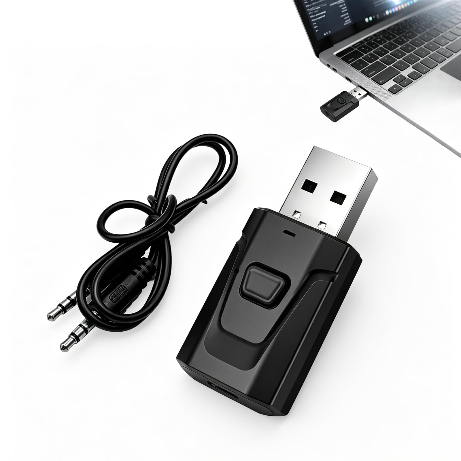 Receptor Bluetooth, Adaptador Bluetooth USB para PC y TV, Transmisor Receptor Bluetooth 5.0 con Jack 3,5 mm, Compatible con Coche, Estéreo, Altavoces, Micrófono Integrado para Manos Libres y Música