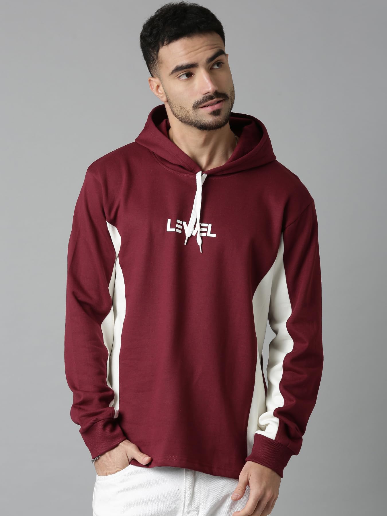 lewel Men's Stylish Color Block Full Sleeve Hooded Sweatshirt (Maroon)-picture-36