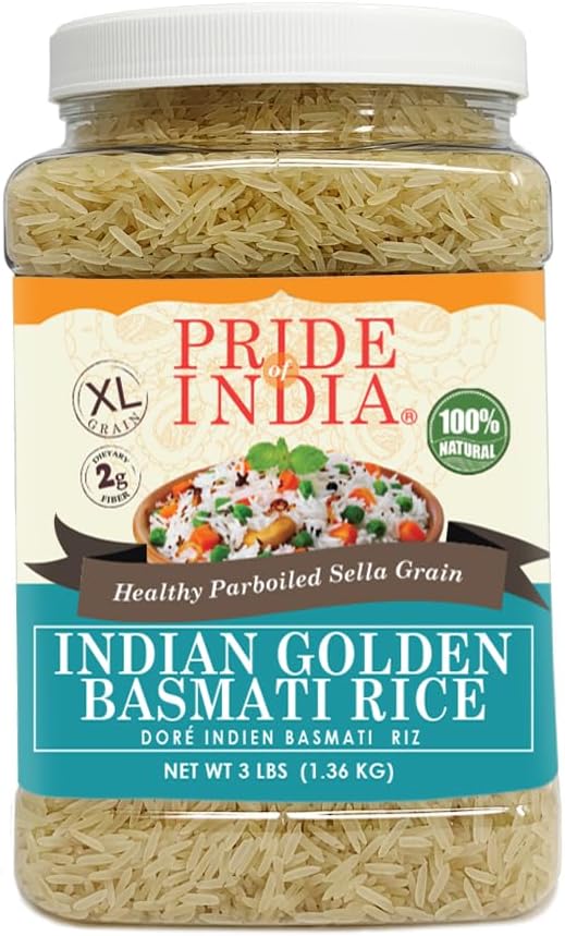 Pride Of India - Extra Long Indian Golden Basmati Rice - Healthy Parboiled Sella Grain, 3lbs Jar
