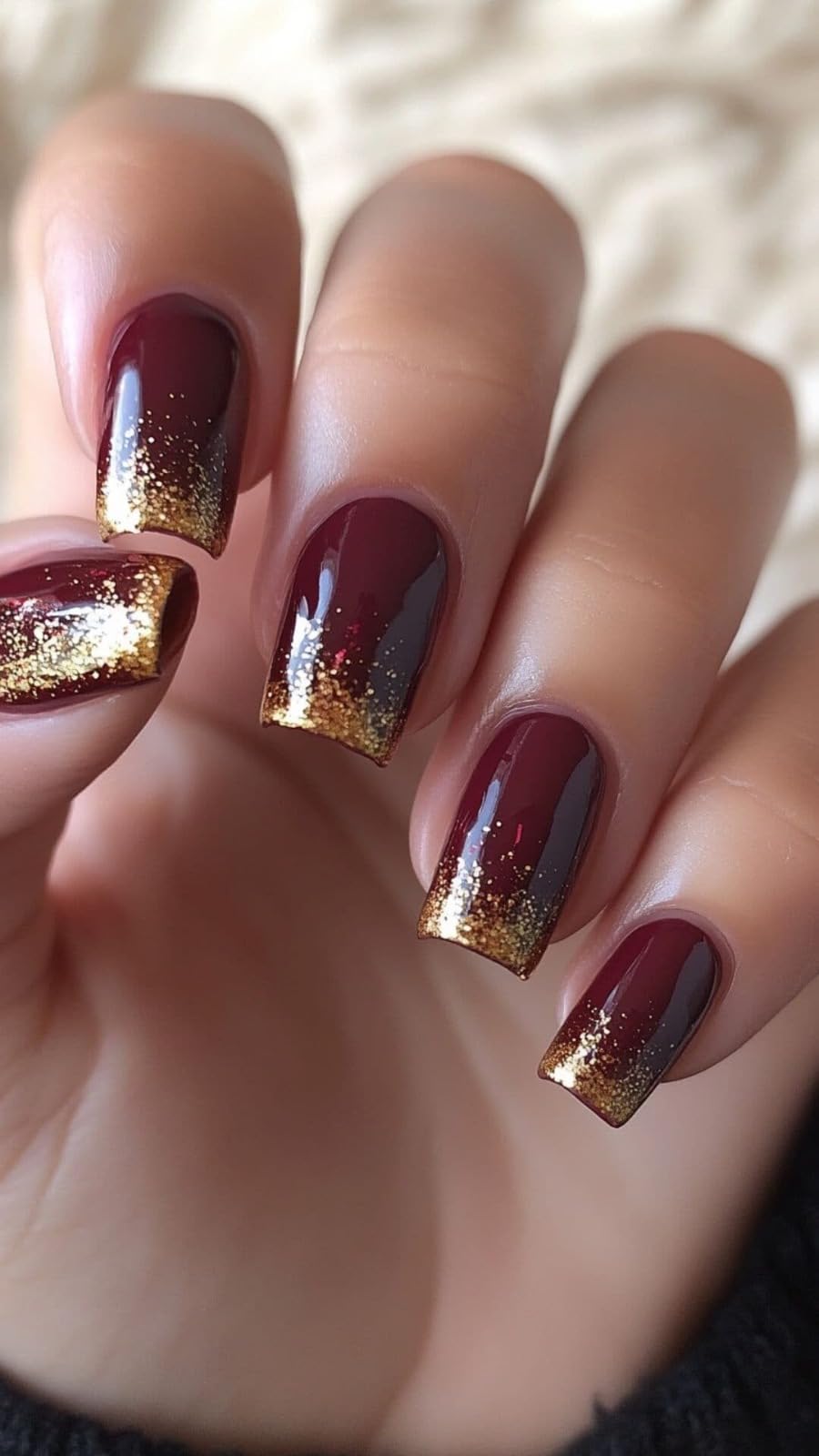 Set Of 14Pc, Press-On, Short Square Glossy Maroon And Gold Ombre, Nail Extensions With Free Glue Kit-picture-44