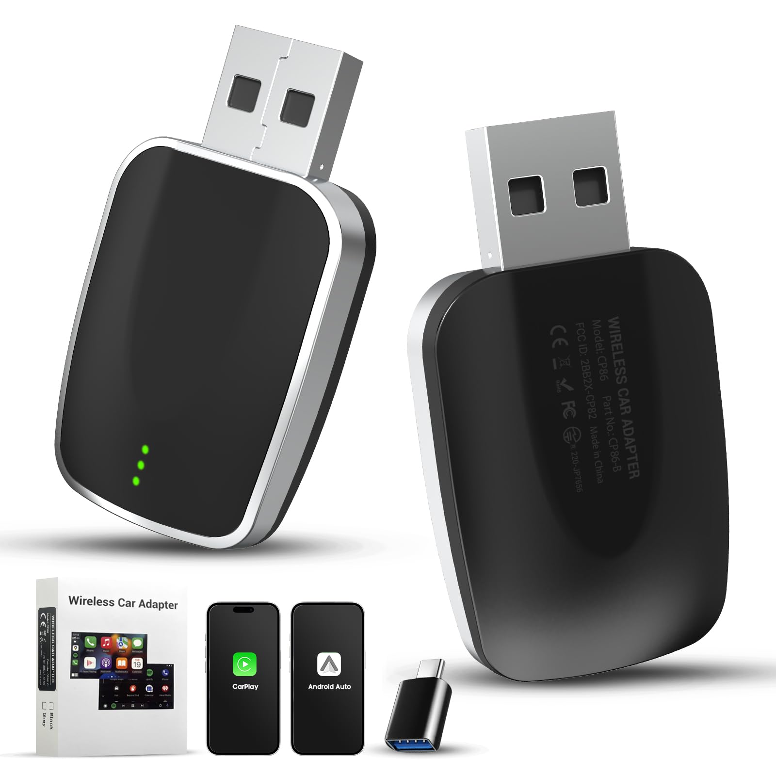 Mini Wireless CarPlay & Android Auto Adattatore 2 in 1 – 2025 Aggiornamento, Connessione super veloce senza ritardo, Plug & Play Dongle con USB & Type-C, compatibile con iPhone iOS 10+ & Android 11+