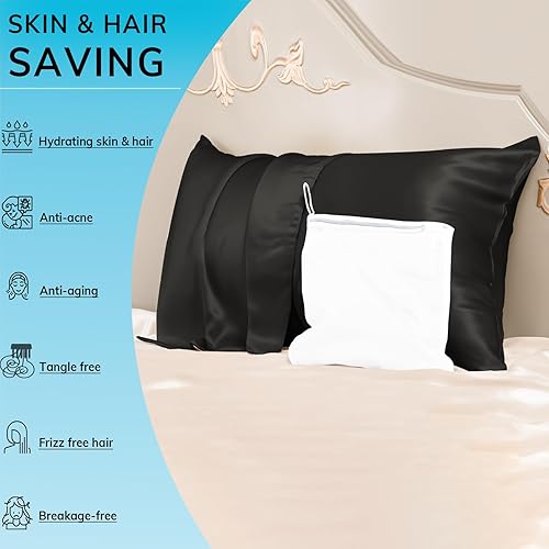 Miniatura 3 de PROMEED Funda de almohada de seda negra de grado 6A+ mejorada con cremallera, 23 momme de seda de morera natural para cabello y piel, fácil cuidado