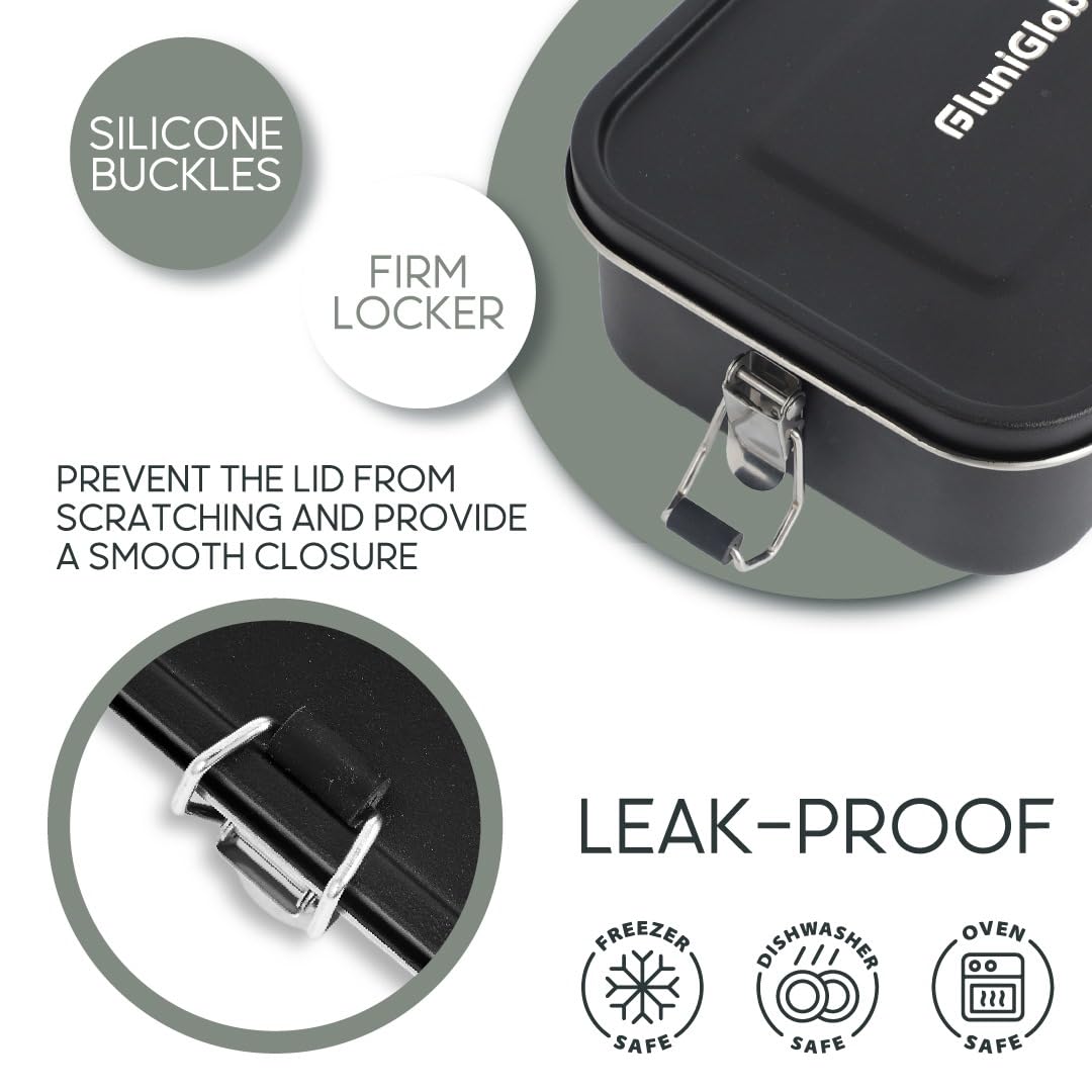 FLUNIGLOBAL Stainless Steel Lunch Box for Adults | 40 oz | Leak Proof with Silicone Locks | Elegant & Eco-friendly Metal Container for Travel | Removable Divider | Black