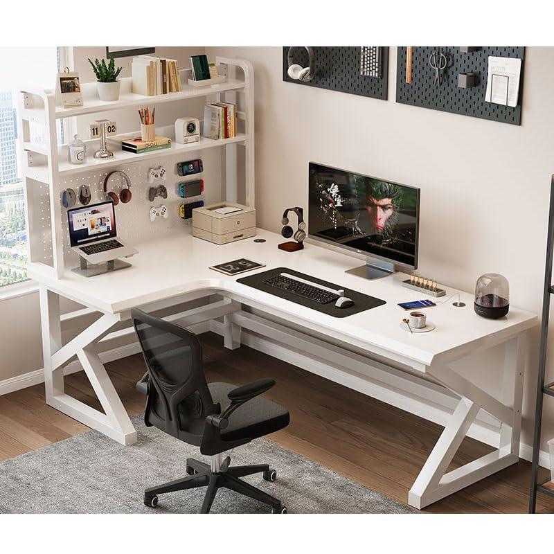 Escritorio esquinero de madera maciza para computadora con tablero de clavijas y estantería, mesa moderna para juegos y estudio para espacios pequeños en casa, oficina, (izquierda, 160 x 100 x 75 cm)
