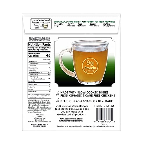 Golden Ladle - Caldo de hueso de pollo orgánico (6 cajas resellables) | Bajo en sodio - Stock nutritivo, rico en proteínas | Deliciosa base para