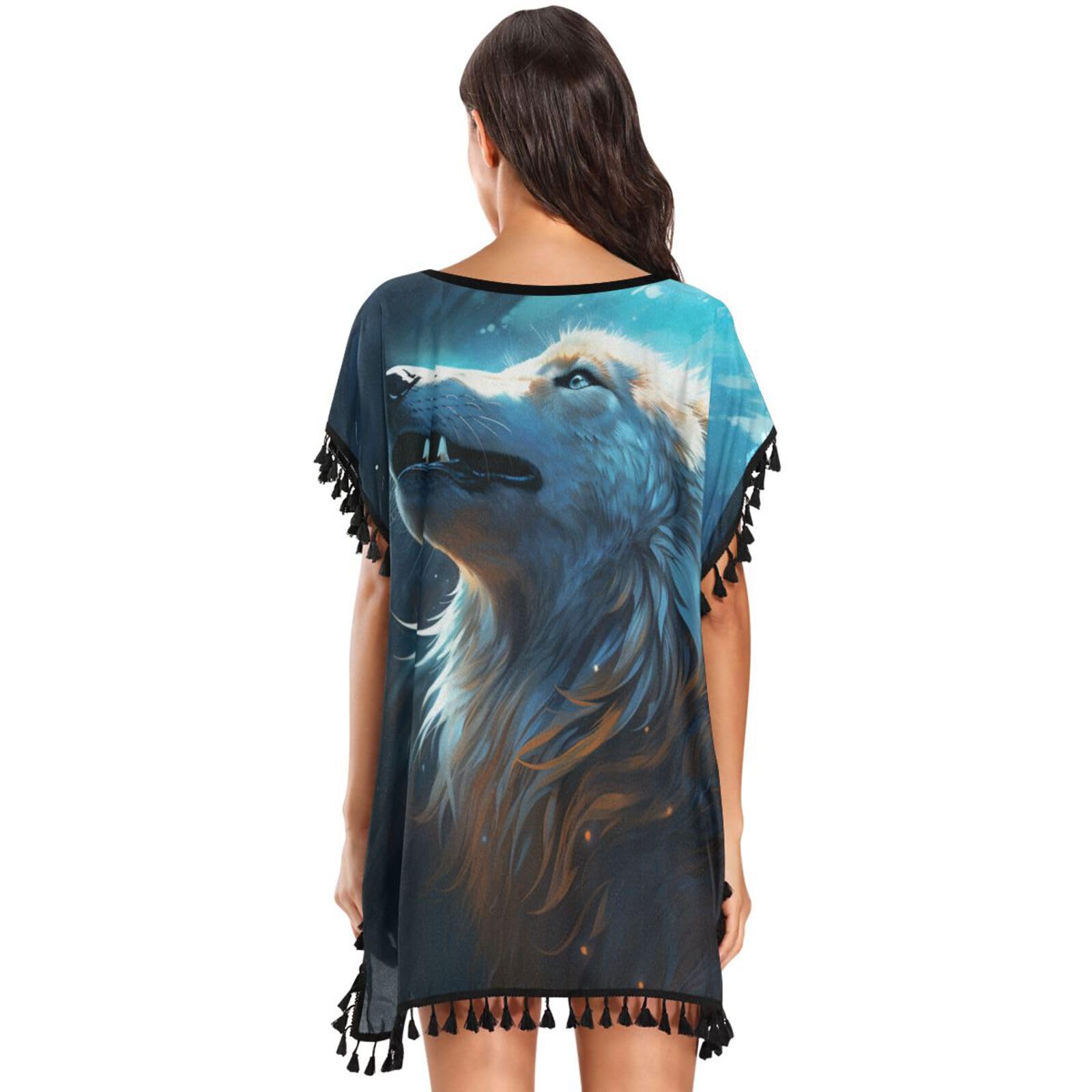Abstract Howling Wolf Blue Space Women's Beach Cover Up Chiffon Tassel Swimwear Swimsuit Coverups for Girl