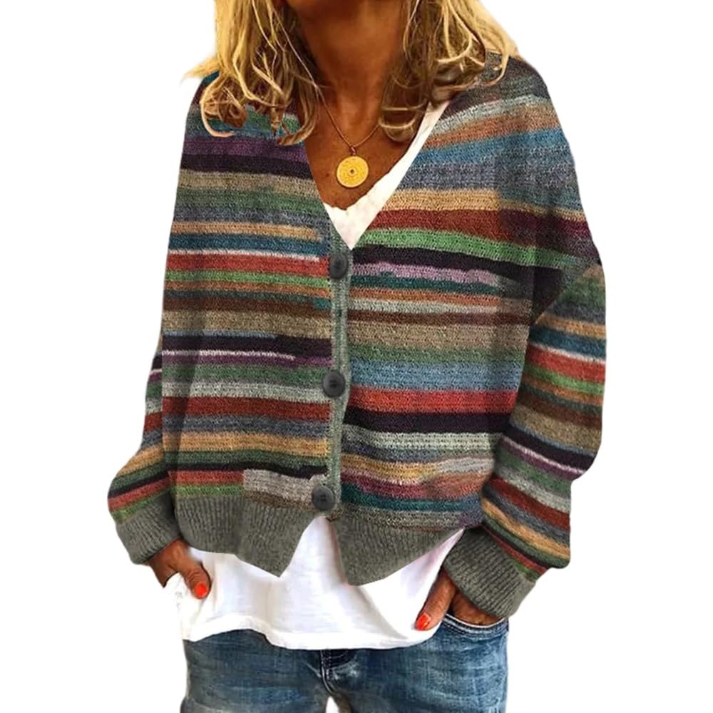 Womens Bohemian Floral Striped V Neck Cardigan - Cute Casual Long Sleeve Button Down Open Front Knit Sweater