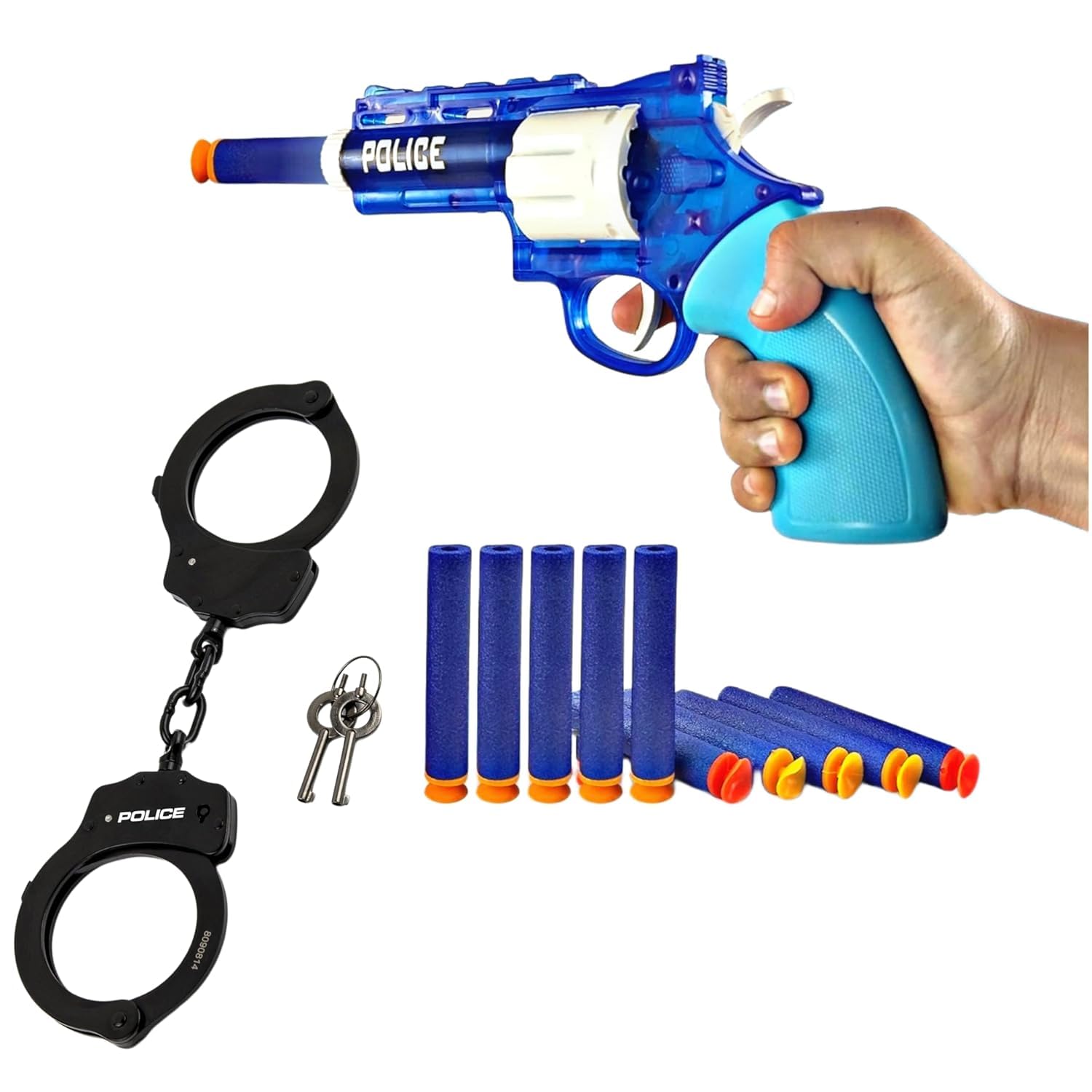 SHAKTISM Police Gun with Handcuffs, Police Equipment Play Set, Police Weapon Toy Gun for Kids with Full Accessories, Multi 2-in-1 Police Suction Dart Water Gun Revolver Toy Pistol