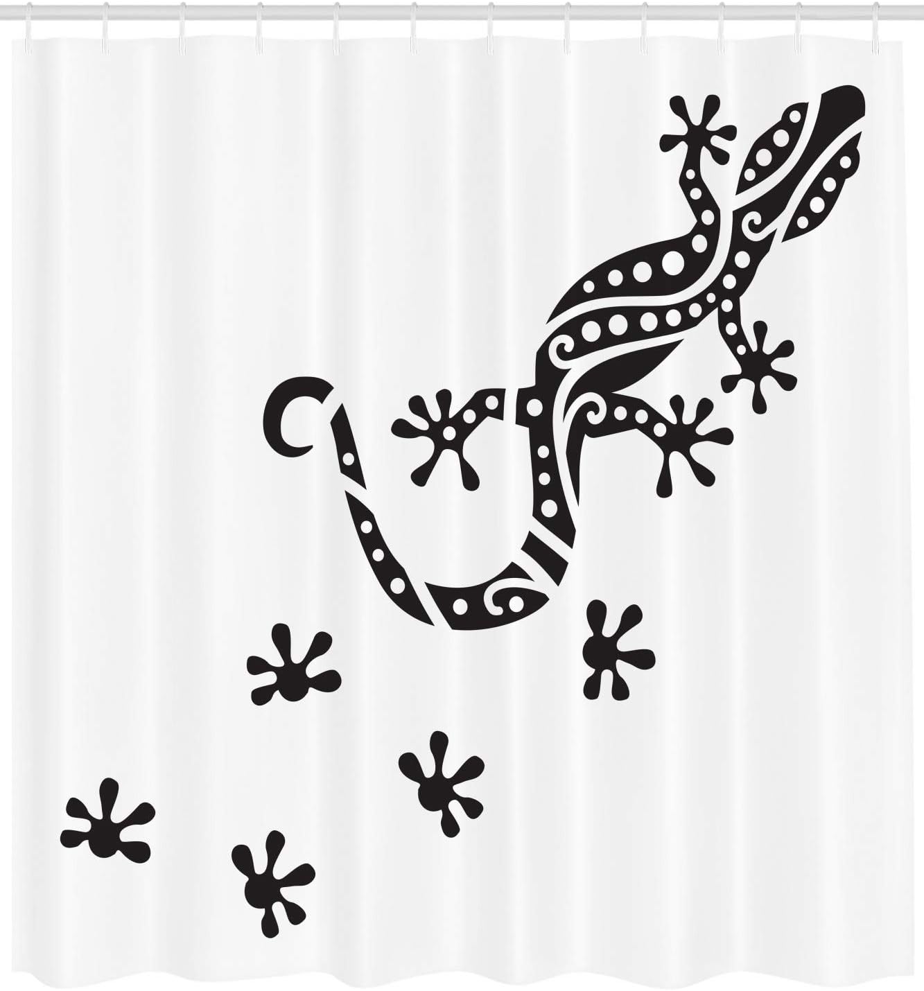 Ambesonne Gecko Shower Curtain, Monochrome Composition of a Lizard with Footprints Simplistic Exotic Wildlife, Cloth Fabric Bathroom Decor Set with Hooks, 69" W x 70" L, Black and White