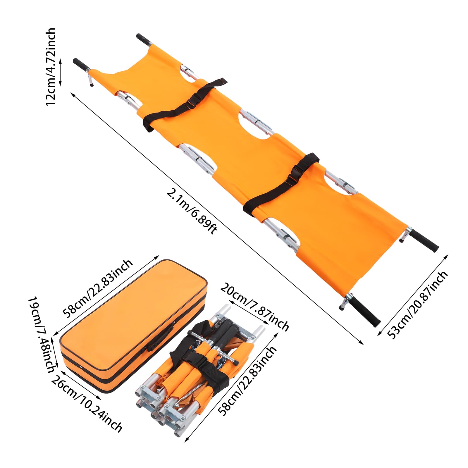 Camilla plegable con hebillas, transportador de emergencia, portátil, 210 x 53 cm (color naranja)