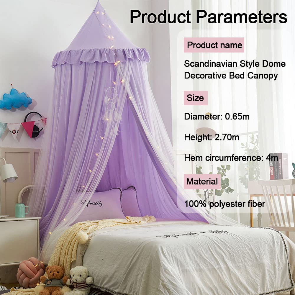 Surwin Dosel de Cama para Niña Niños Bebés Mosquitera Dosel Cama Individual Matrimonio, Redonda Toldo de Cuna de Castillo de Dormitorio Decoración de Habitación (morado blanco)