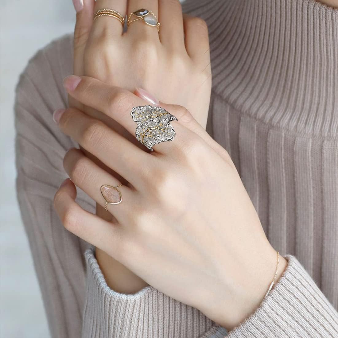 HAIXIAN Sterling Silver Wide Band Leaf Ring, Gothic Punk Style, S925 Full Finger Ring, - Image 3