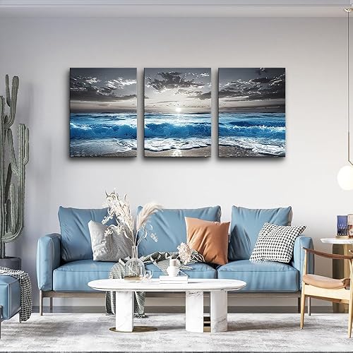 Miniatura 3 de TTHYUEWS Cuadros de pared de playa en blanco y negro para decoración de pared para sala de estar, lienzo para dormitorio, decoración de oficina,