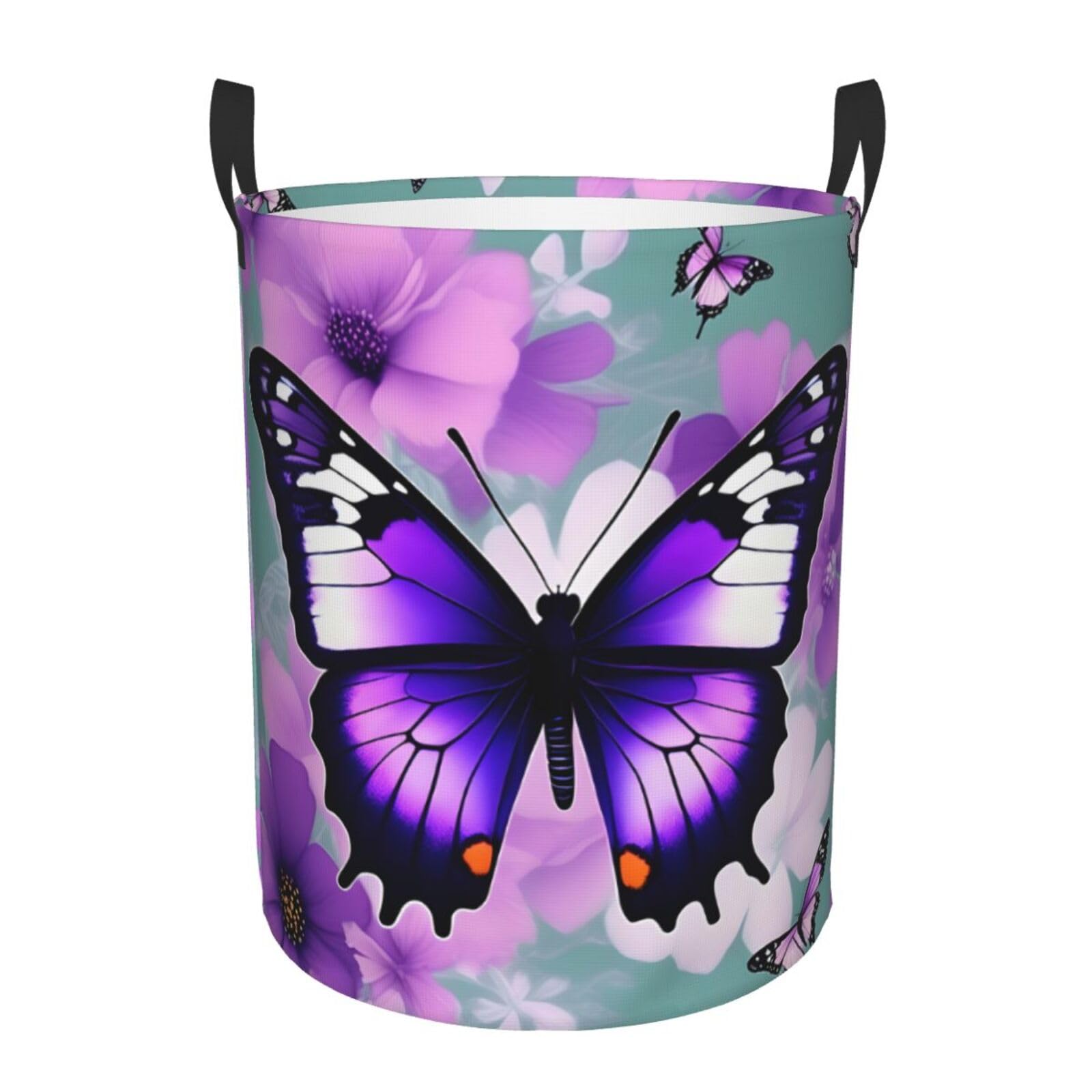 S Collapsible Round Purple Butterfly Print Laundry Hamper