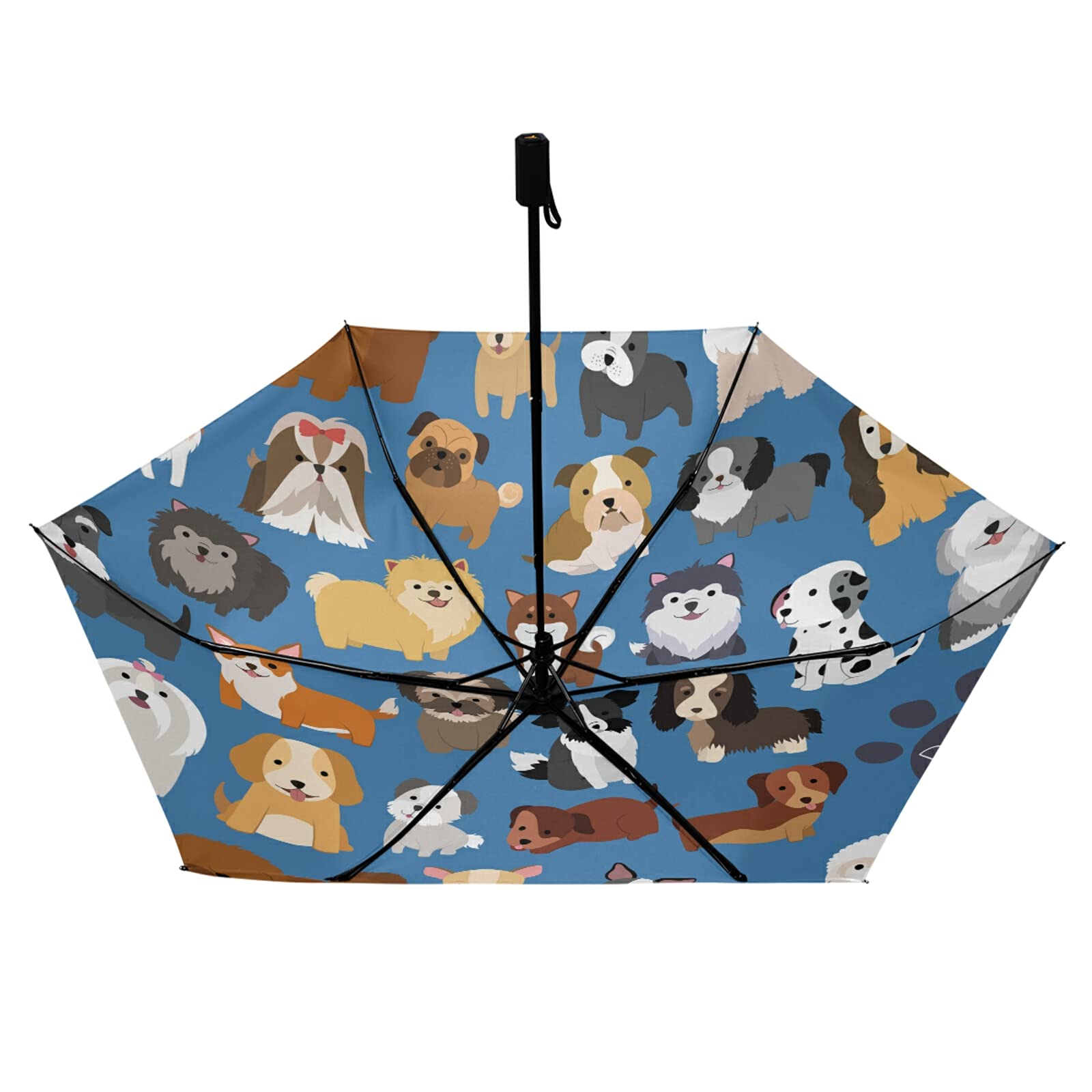 Cute Dogs Puppies Set Seamless on Dark Blue Compact Lightweight Folding Umbrella, Inner Print Sun Parasol with UV Protection, Strong Portable Travel Rain Umbrella