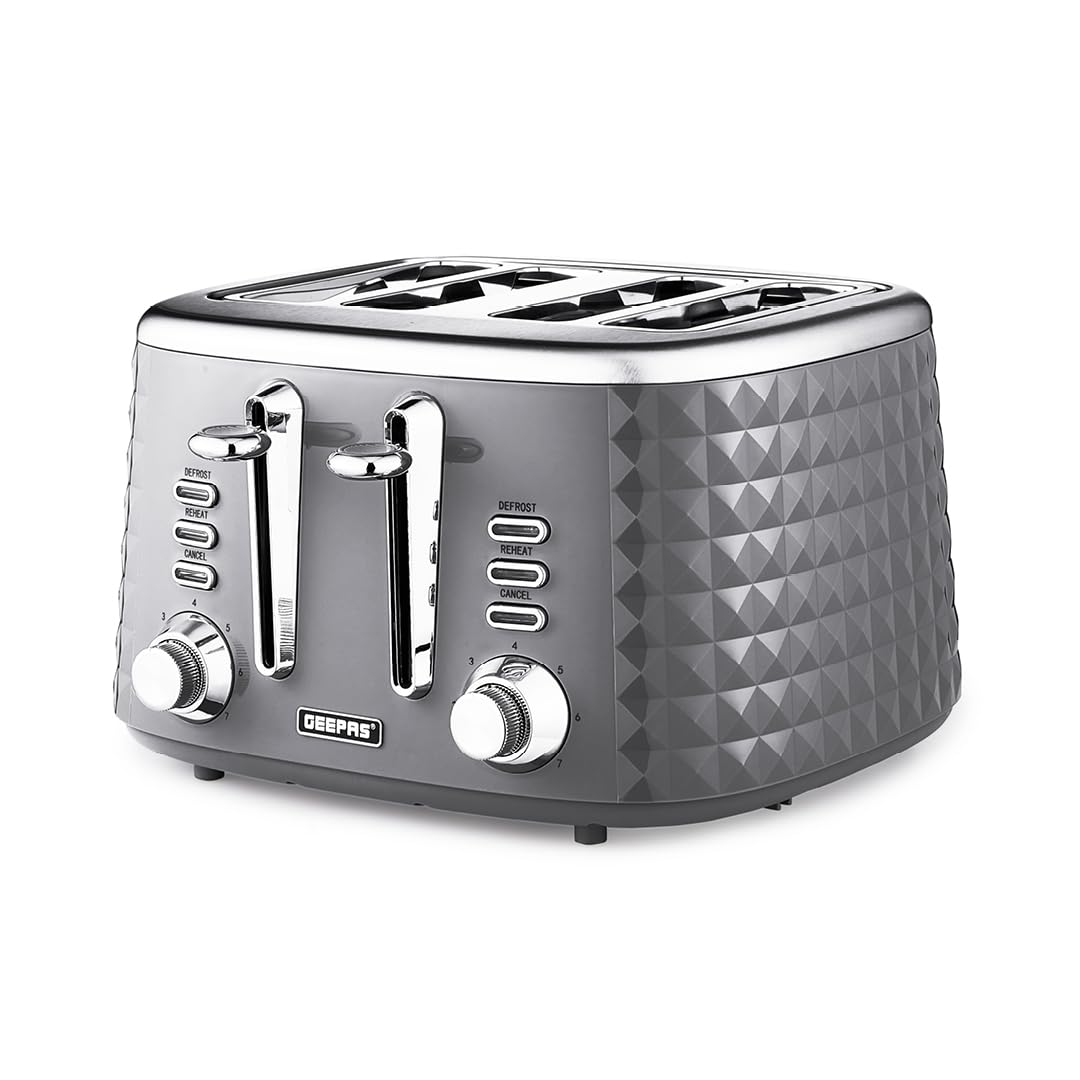 GEEPAS 4 Slice Toaster | 7 Browning Levels with Cancel Defrost Reheat | For Thin Small Bread Slice | 2 Independent Controls 2 Removable Crumb Trays High Lift |1750W Grey Argyle (Renewed)
