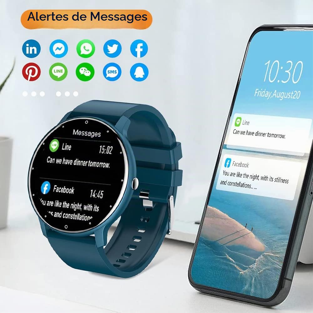 FRAKS 0,8cm Ultra Mince Montre Intelligente Traqueur Fitness Podomètre avec Fonctions Surveillance Fréquence Cardiaque, Pression Artérielle, Oxygène Sanguin et du Sommeil, Notification Push Messages
