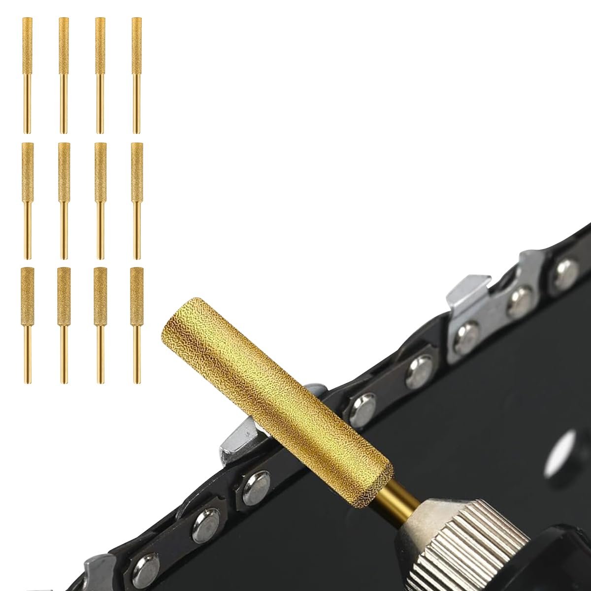 Serplex® 12Pcs Chainsaw Sharpener Bits Titanium Plated High Hardness Sharpening Attachments for Chainsaw Chain 4/4.8/5.5mm Dia Coarse Emery Sharpening Bits for Electric Power Tools Rotary Tools