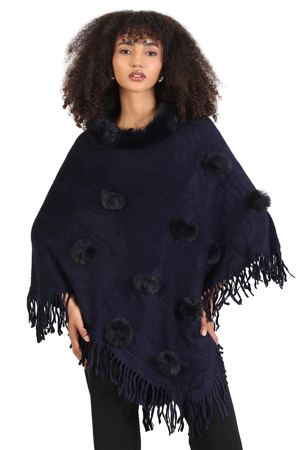 Women's Solid Navy Blue Fringed Edge Poncho-CHN-9023_NavyBlue-image-28